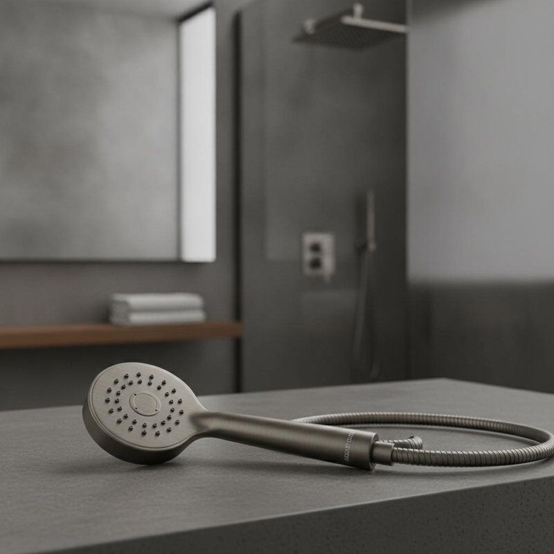 Çağdaş banyo iç mekanlarını tamamlamak üzere tasarlanmış, işlevsellik ve şık bir görünüm sunan metalik gri kaplamalı el duşu