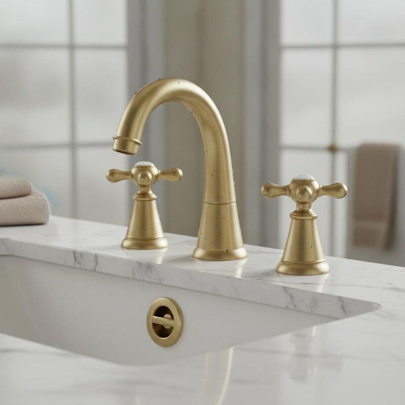 Çift Kollu Pirinç Lavabo Bataryası, Fırçalanmış Pirinç Kaplama, Pop-Up Gider Setli, Klasik Çapraz Tutamaklı