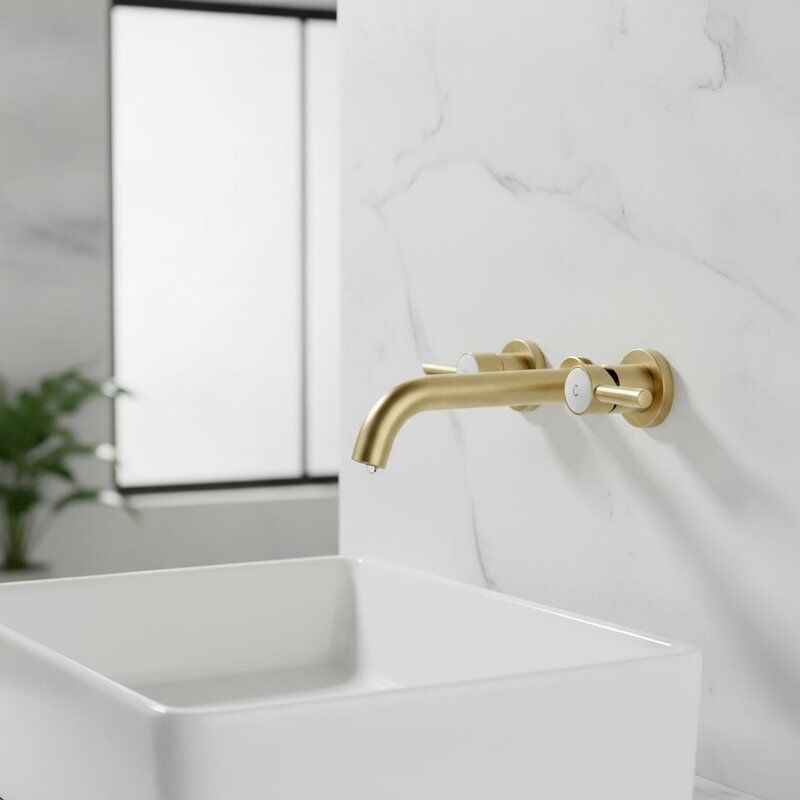 Duvara Monte Pirinç Lavabo Bataryası, Fırçalanmış Pirinç Kaplama, Seramik Kartuşlu, İki Delikli Montaj Tasarımı